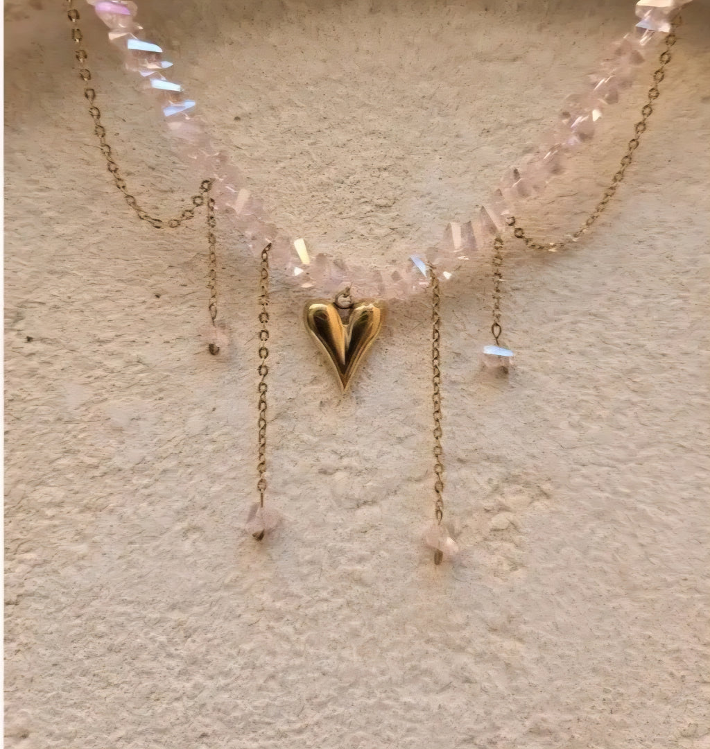 Collier ELORA Cœur Doré & Cristal Rose