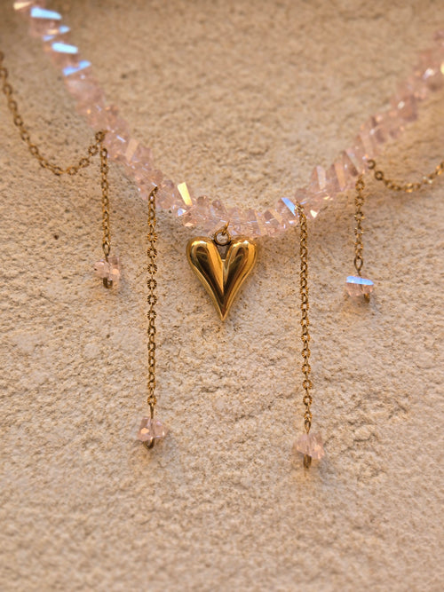Collier ELORA Cœur Doré & Cristal Rose
