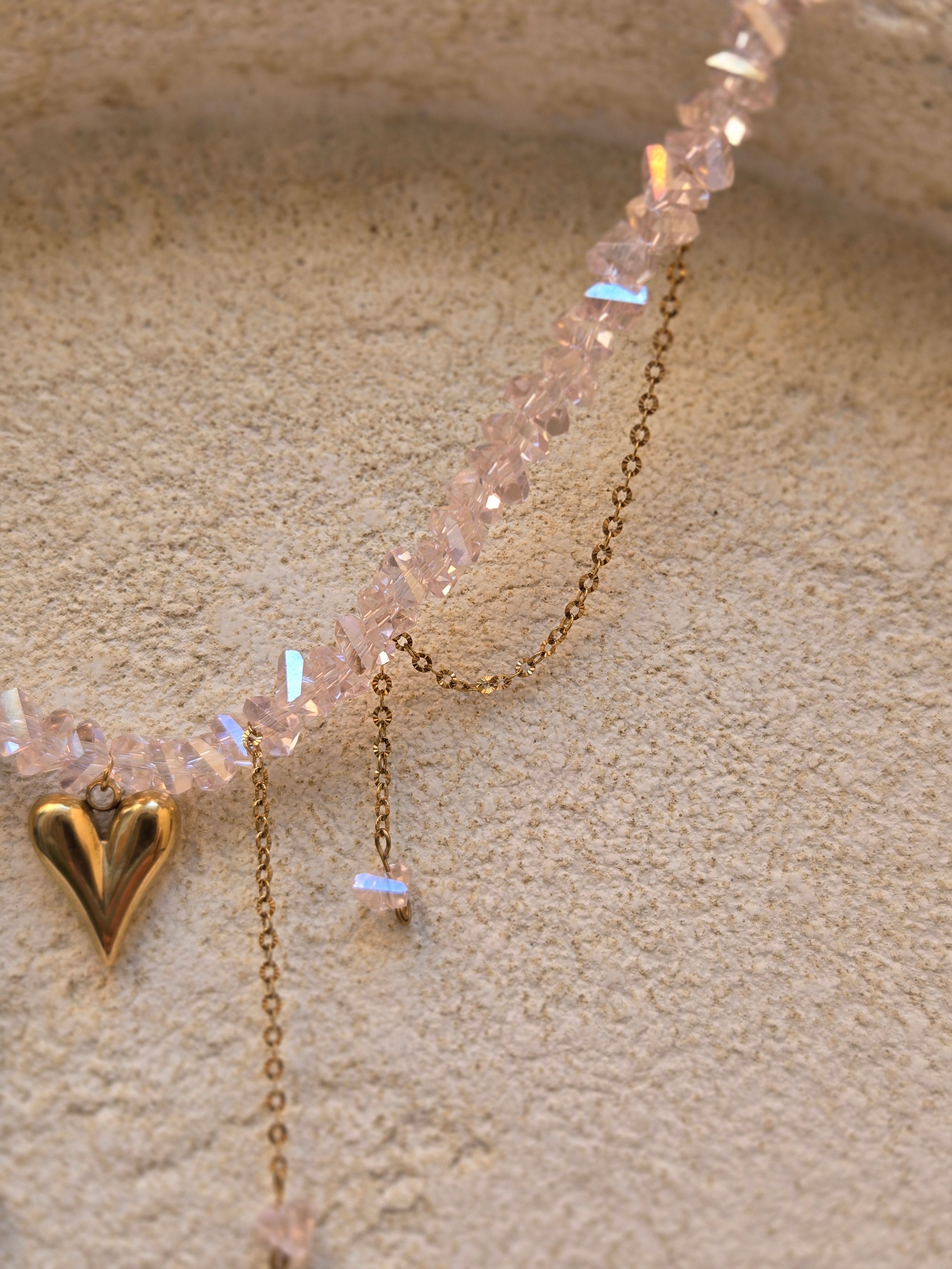 Collier ELORA Cœur Doré & Cristal Rose